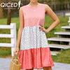 Женская мода лето весна повседневные платья без рукавов с круглым вырезом в горошек