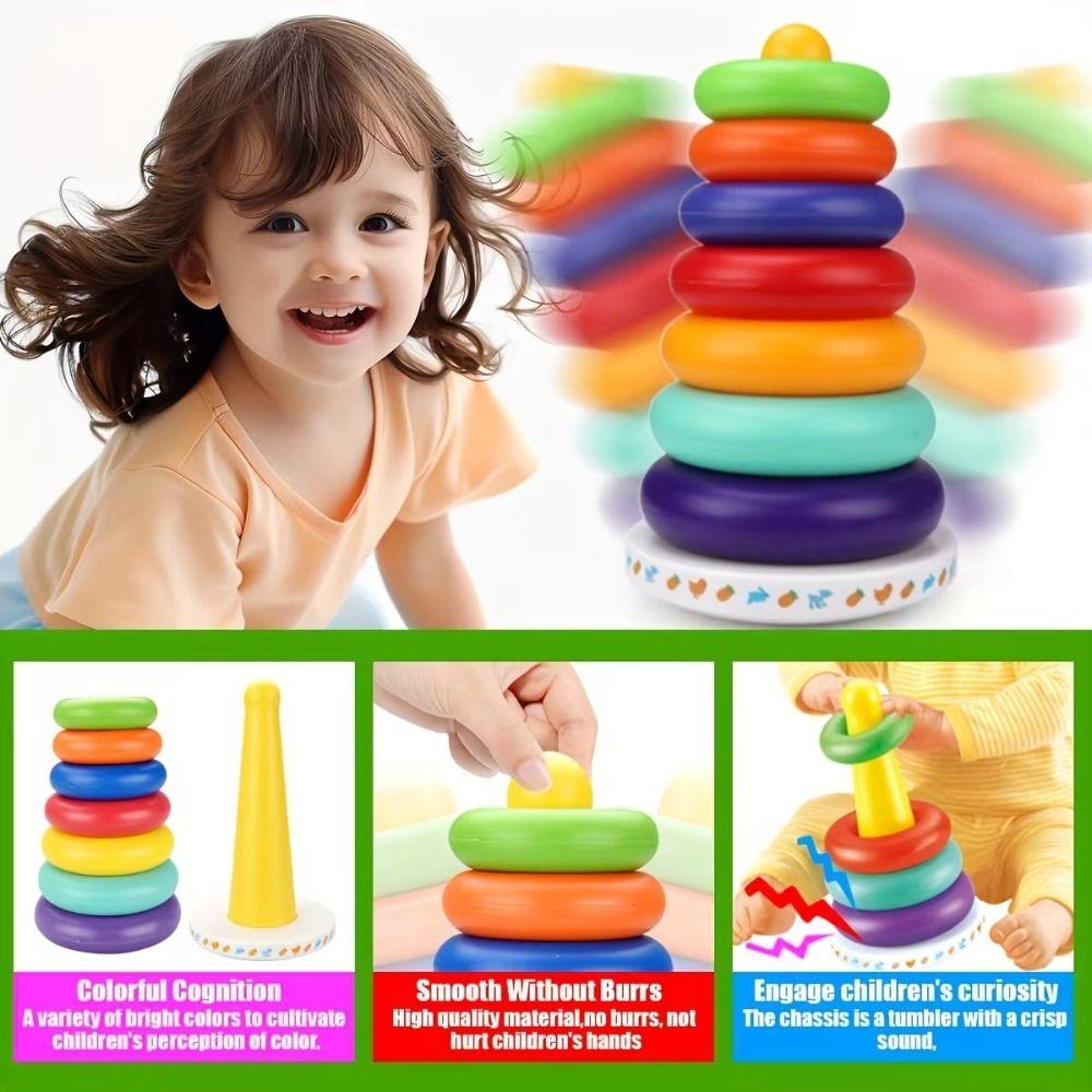 Rainbow Tower Stacking Rings Babies Toy Plastic Sensory Stacking Plugging Toy  Childrens Day Party