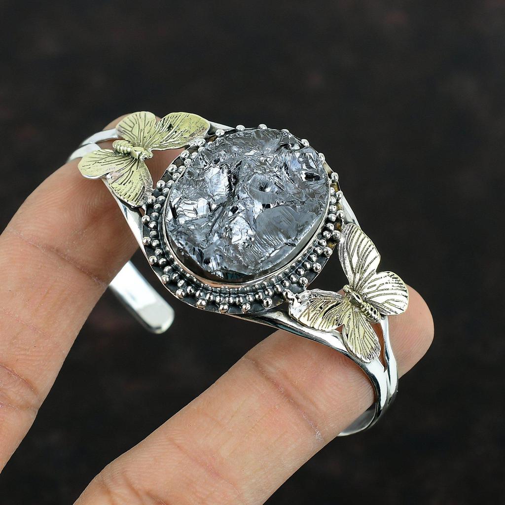 Браслет из необработанного драгоценного камня шунгит, браслет-манжета ручной работы, регулируемый браслет из стерлингового серебра 925 пробы, браслет-манжета с позолотой 18 карат, браслет-бабочка