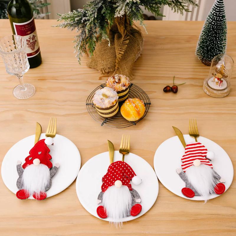 1pcs Christmas Cutlery Holder Knife Fork Bags Gnome Santa Claus Xmas Tableware Holders New Year Party Dinner Table Decoration