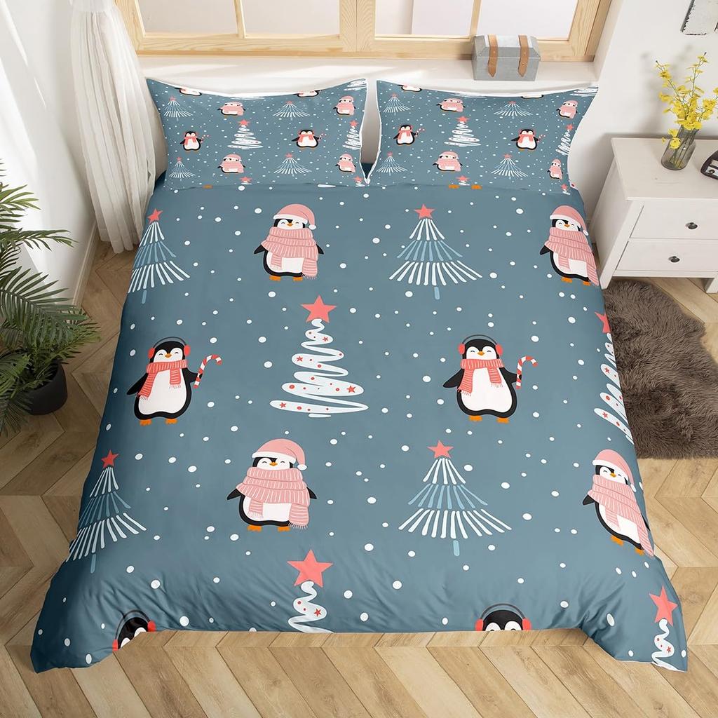 Cute Penguin Duvet Cover Animal Pattern Bedding Collection Comforter Cover For Boys Girls Kids Room Decor Full Size With 2 Pillow Case