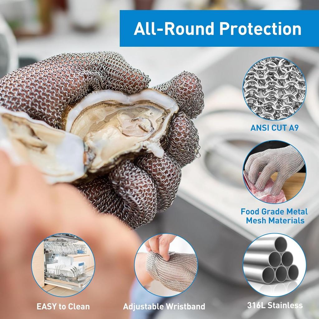 Caprihom Silver Thin Opera Length Large Cut-Resistant Food Grade Mechanic Safety Gloves Metal Mesh Chainmail Butcher Meat