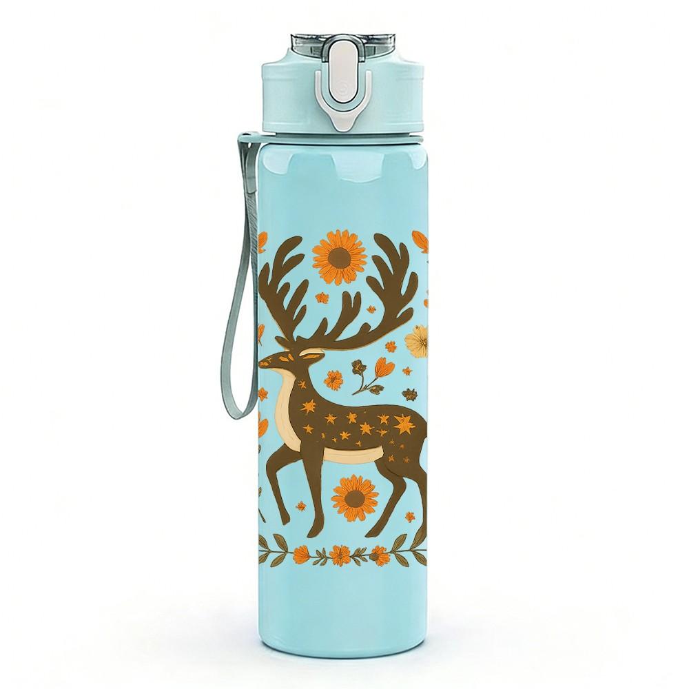 1PC Floral Stag Deer Art 750ml Color Plastic Sports Water Bottle Leakproof Flip Straw Lid Suitable for Sports Office Home Use