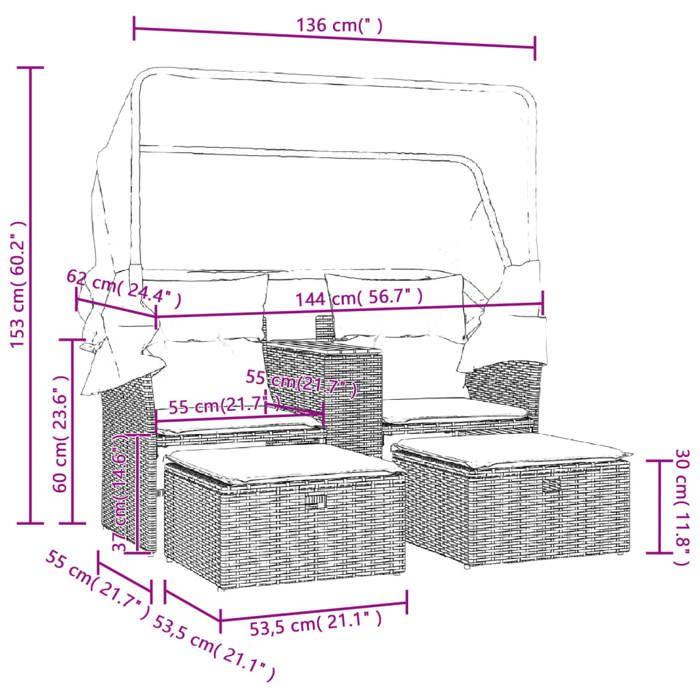VidaXL Canapé de Jardin 2 Places avec Auvent et Tabourets, Siège avec Repose-pieds, Transat avec Dossier, Meuble de 365802