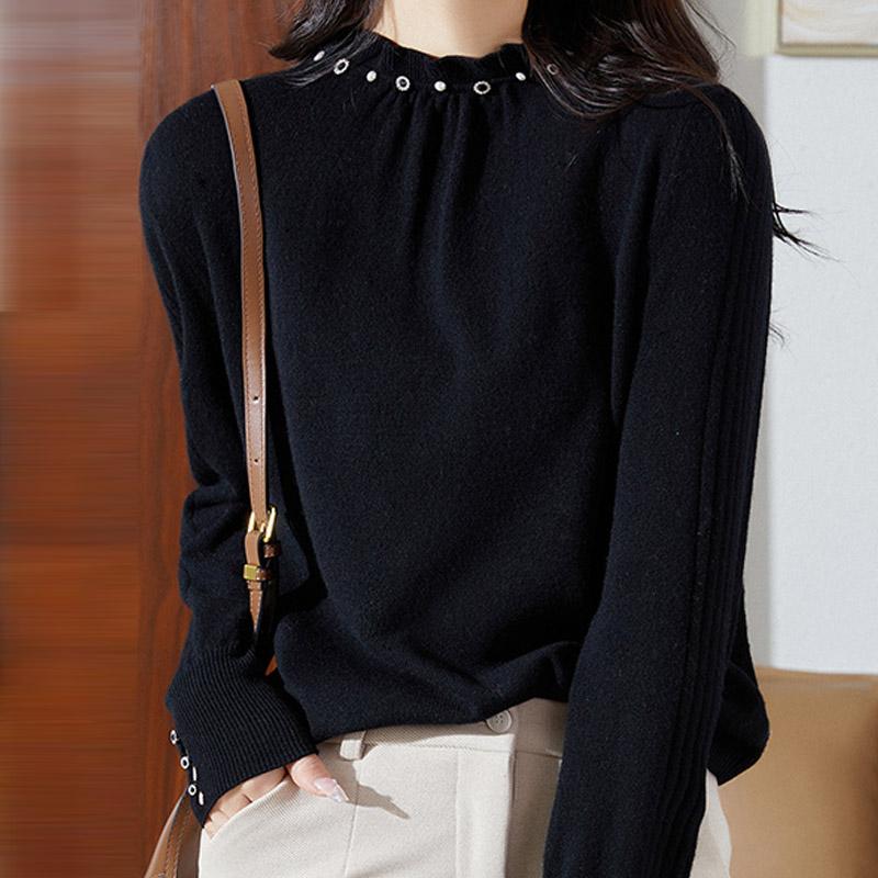 Женские свитера, пуловеры 2025 Осень-Зима Длинный рукав О-образный вырез Черный вязаный свитер Женские топы, пуловер JJ108