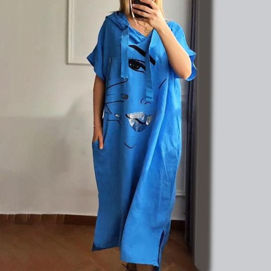 Женское платье с принтом лица, свободное платье с капюшоном и шнурком в богемном стиле с короткими рукавами, городской стиль, пуловер с разрезом по краю и боковым карманом, платье миди длиной до середины икры