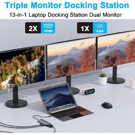 Docking Station Dual Monitor for Dell/HP/Lenovo/Surface Laptop, Dual HDMI Adapter for 2 Monitors, Laptop Docking Station Dual Monitor, 13 in 1 USB C