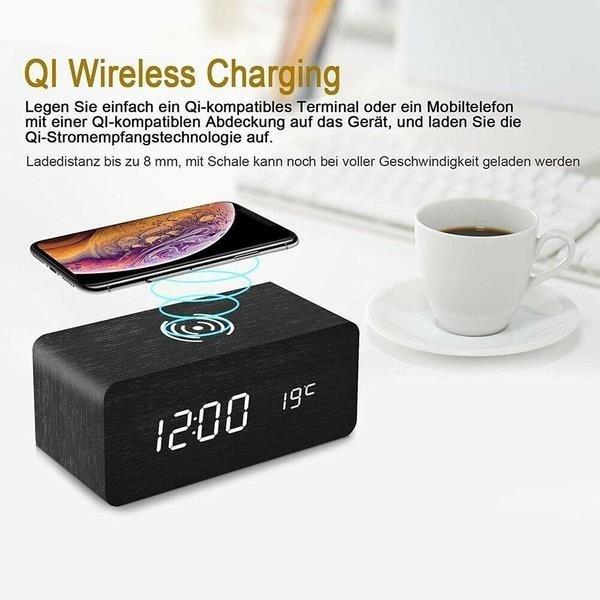 2025 Sound Control LED Digital Alarm Clock Wooden Design Thermometer Qi Wireless Charging Pad Desk Clock