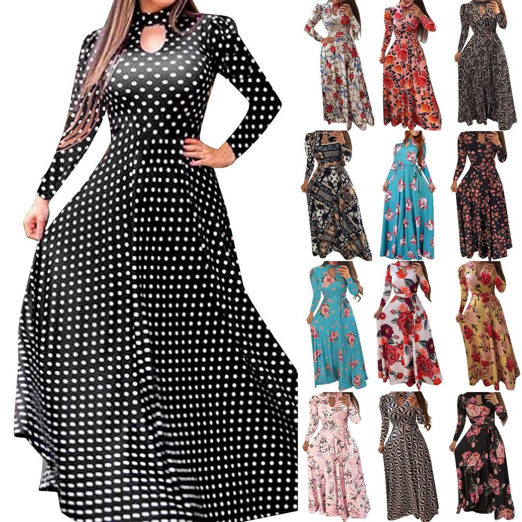 Fashion Womens Printing High Collar Long Sleeve Big Hem Skirt Casual Dress