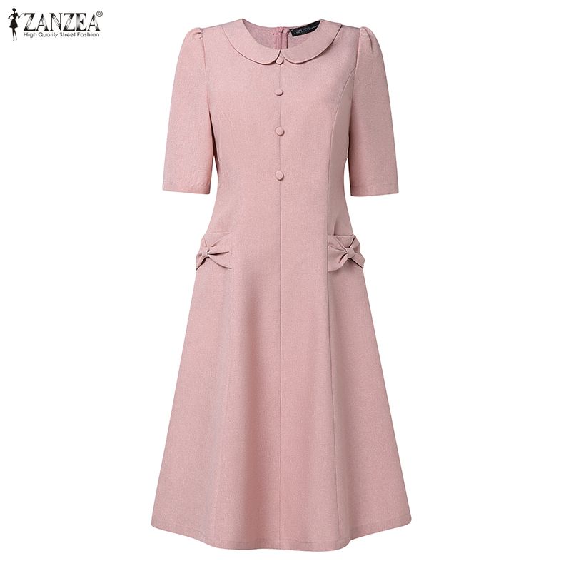 ZANZEA Женское повседневное летнее платье с коротким рукавом и кукольным воротником