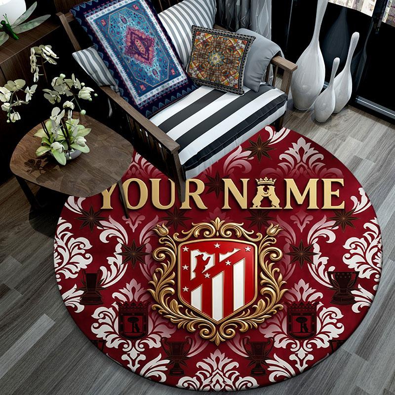 Custom Name,Atlético Madrid pattern round rug,Carpet Rug for Living Room Bedroom Playroom ,Non-slip Floor Mat,Holiday Gifts and Birthday Gifts.
