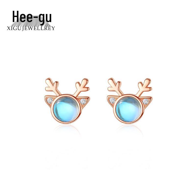 Higu E1015 Серьги-гвоздики из серебра S925 с лунным камнем и веткой оленя - Новый рождественский тренд, стиль Мори
