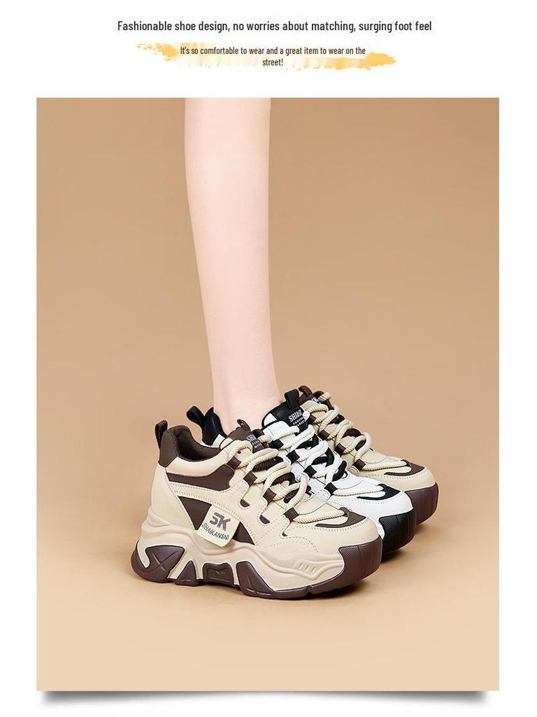 Женские туфли Dad Shoes из натуральной кожи на толстой подошве, увеличивающие рост и отделанные бархатом, повседневные спортивные кроссовки осень/зима 2024 года.