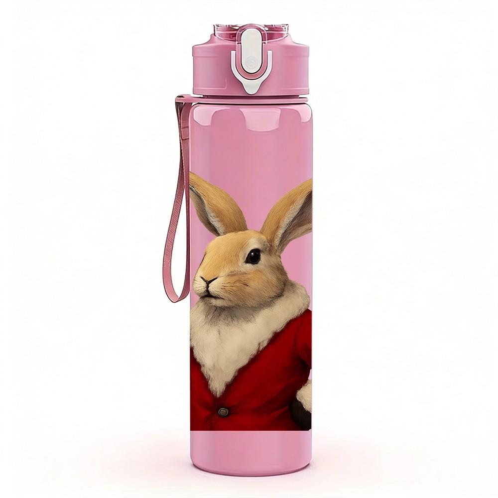 1PC Rabbit Drinking Wine Funny Print 750ml Color Plastic Sports Water Bottle Leakproof Flip Straw Lid Suitable for Sports Office Home Use