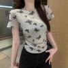 Women's Summer 2025 Butterfly Print Ruched Round Neck Short Sleeve Slim Fit Top