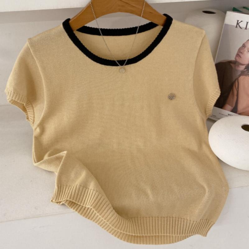 Honey J Short Sleeve Color Block Line Detail Knit 4Color