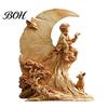 Living Room Display Pieces Fairy Tale Little Boy and Fox Wooden Figurine, Rustic Desktop Statue, Artistic Carved Christmas Ornaments Sculpture