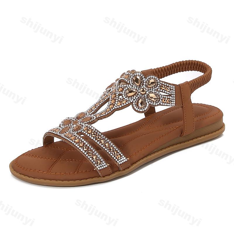 Fashion 2025 New Summer Women's Rhinestone Design Flat Sandals Bohemian Style Comfortable Lightweight hollow Breathable Elegant Shoes