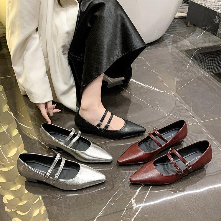 Ретро туфли Мэри Джейн на низком каблуке, новые остроносые туфли на толстом каблуке, женские одинарные туфли для работы с темпераментом с неглубоким вырезом