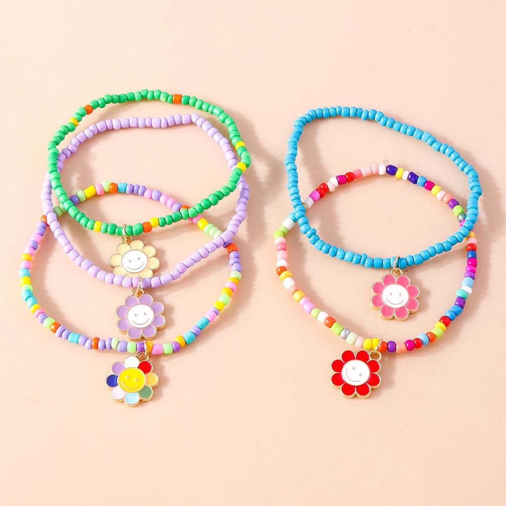 5pcs Bohemian Handmade Colorful Beaded Bracelet for Women Cute Flower Smile Face Wristband Girls Boho Jewelry Gifts