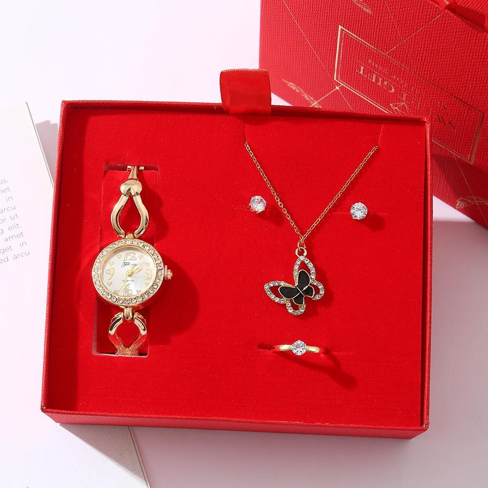 Women's gift set, full diamond watch, stainless steel necklace, butterfly jewelry, gift for mother on Qixi Valentine's Day