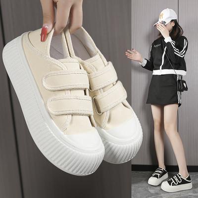 Кеды бисквитного цвета женские 2025 весна новые в гонконгском стиле на платформе на липучках повседневные кеды на плоской подошве с круглым носком милые маленькие белые кеды