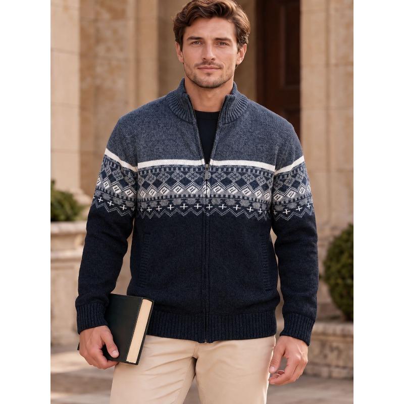 Men S Fleece Cardigan Sweater Nordic Jacquard Loose Fit Long Sleeve Zip Up