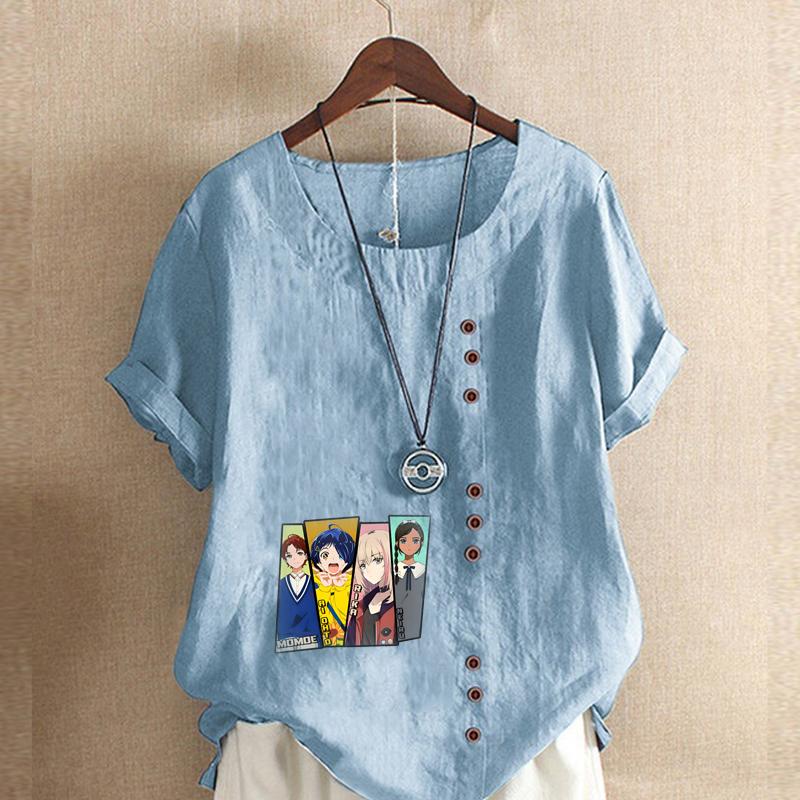 Women's Fashion Cartoon Characters Prined Round Neck Short Sleeve T-shirt Casual Cotton Linen Graphic Shirt Leisure Loose Summer Blouse Tops