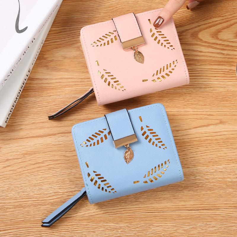Женский корейский стиль кошелек-портмоне с листом, двойного сложения, для монет, с молнией, держатель для карт