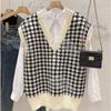 V-neck Knitted Vest Pullover Female Houndstooth Korean Loose All-match Sleeveless Vest Sweater Vest Jacket Outer Wear Pullover