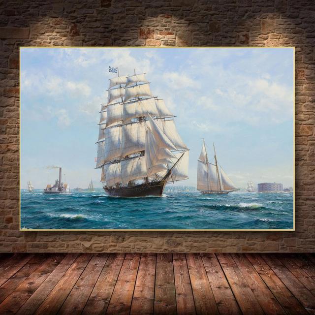 Винтажный Парусный Корабль Морской Пейзаж Холст Картина Плакат Корабль Фрески Печатает Волну Настенные Художественные Фотографии для Гостиной Домашний Декор