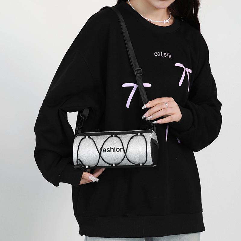 Simple Letter Print Neutral Cylindrical Crossbody Bag With Reflective Strip For Casual Outings