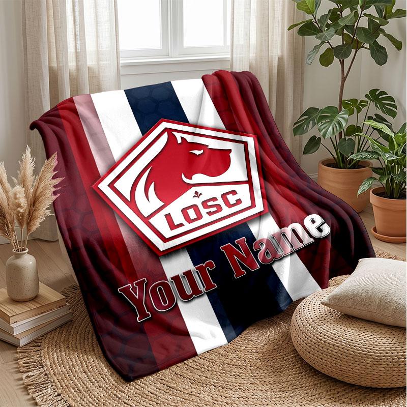 LOSC Lille Custom Name Text Flannel Blanket Soccer Logo Personalized Fleece Throw Blanket Special Gift For Sofa Bedroom Home