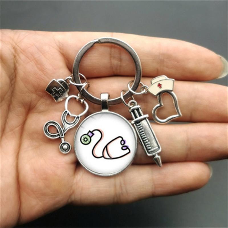 1Pc Nurse Medical Syringe Keychain Glass Key Ring Pendant Stethoscope Pattern Keychain Gift