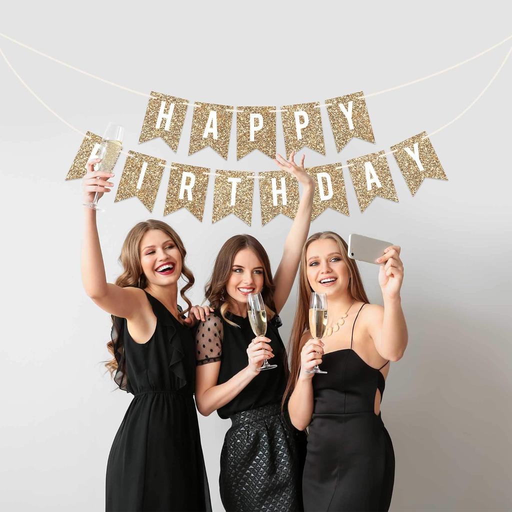 Pre-strung Happy Birthday Banner - No DIY - Gold Glitter Birthday Party Banner - Pre-strung Garland on 6 ft Strands - Gold Bday Party Decorations &