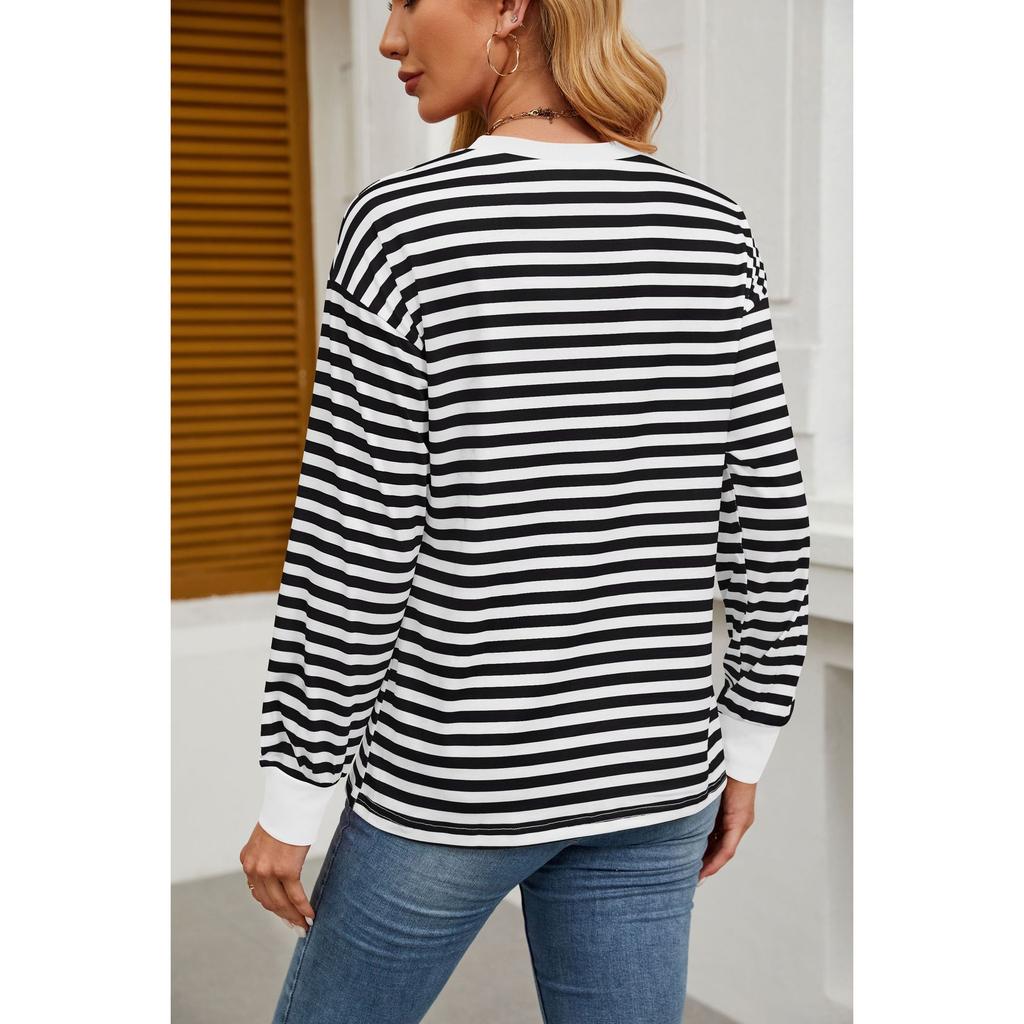 Женская нижняя рубашка осень-зима новая мода контрастного цвета свободный круглый вырез полосатый топ с длинными рукавами