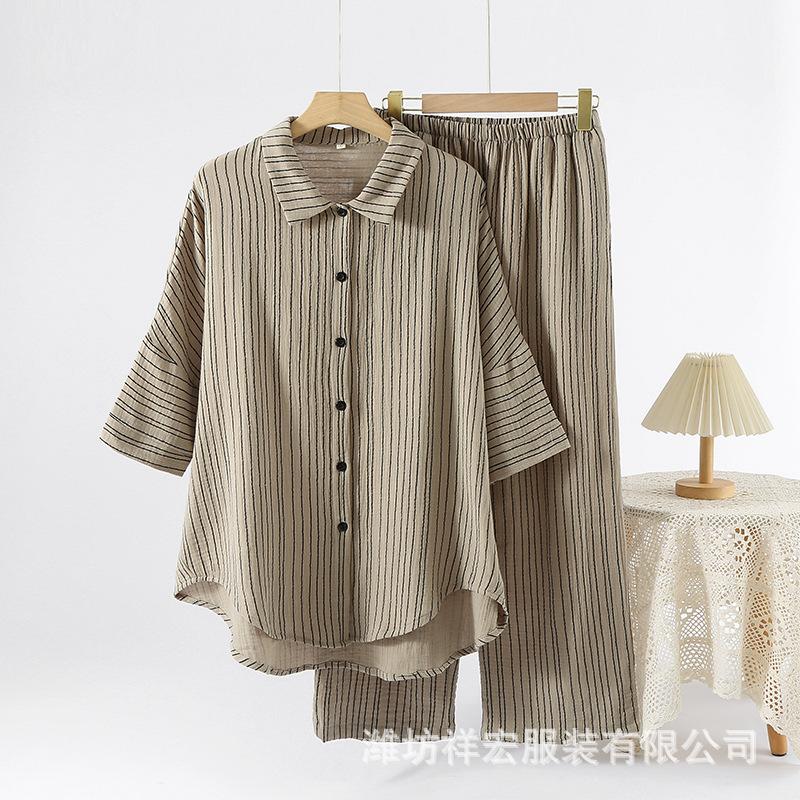 New fashion striped printed shirt loose casual versatile pure cotton pajamas set pure cotton comfortable pajamas
