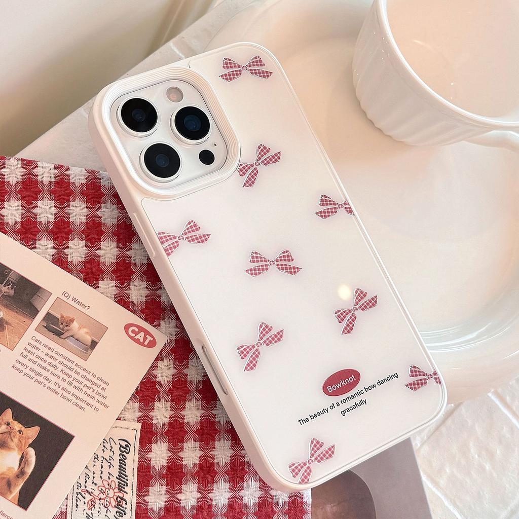 Позолоченный чехол для iPhone 17 в красную клетку, Совместим с Apple 14, 16 Pro Max, Твердое стекло, Милый дизайн
