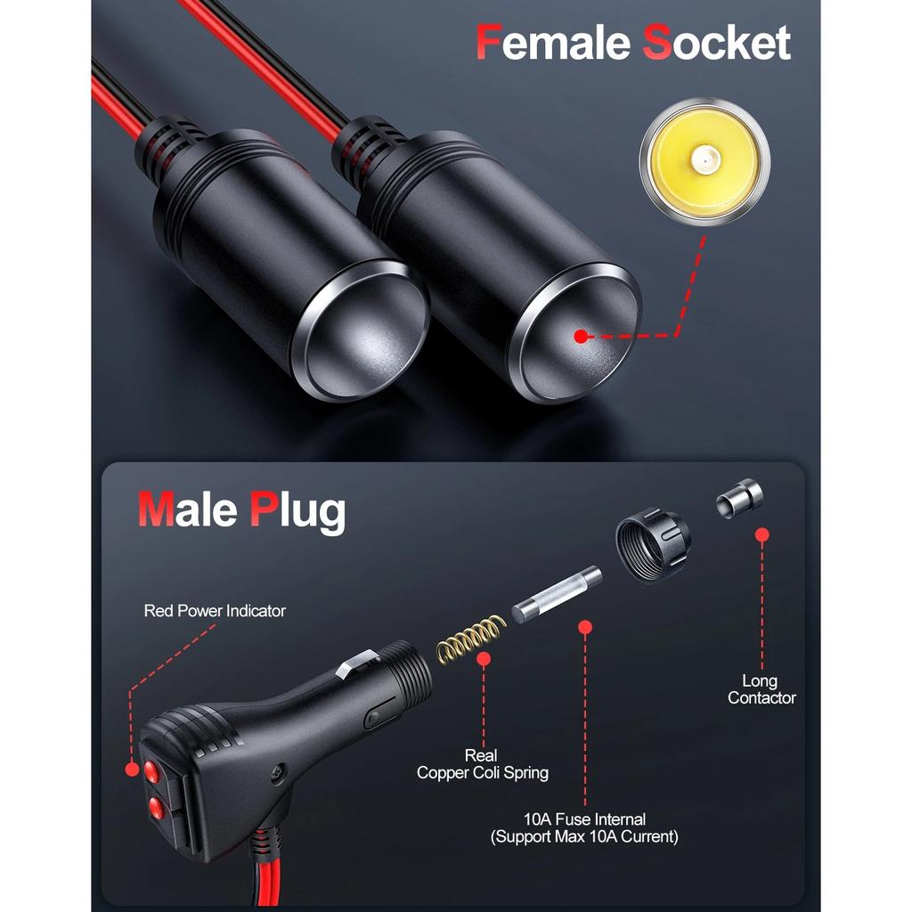 1 на 2 автомобильных разветвителя розетки, порт зарядного устройства 16AWG 12/24 В, 2-канальный разветвитель с предохранителем 10 А