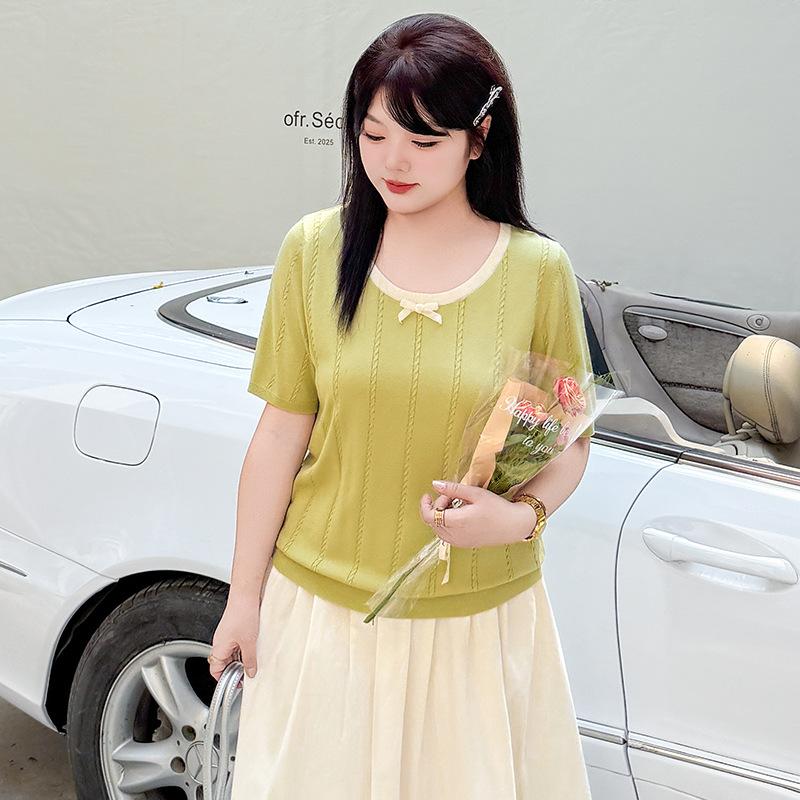 Плюс Размер Женский Летний Круглый Вырез Дизайн Feel Color Трикотажный Свободный Короткий Рукав Топ