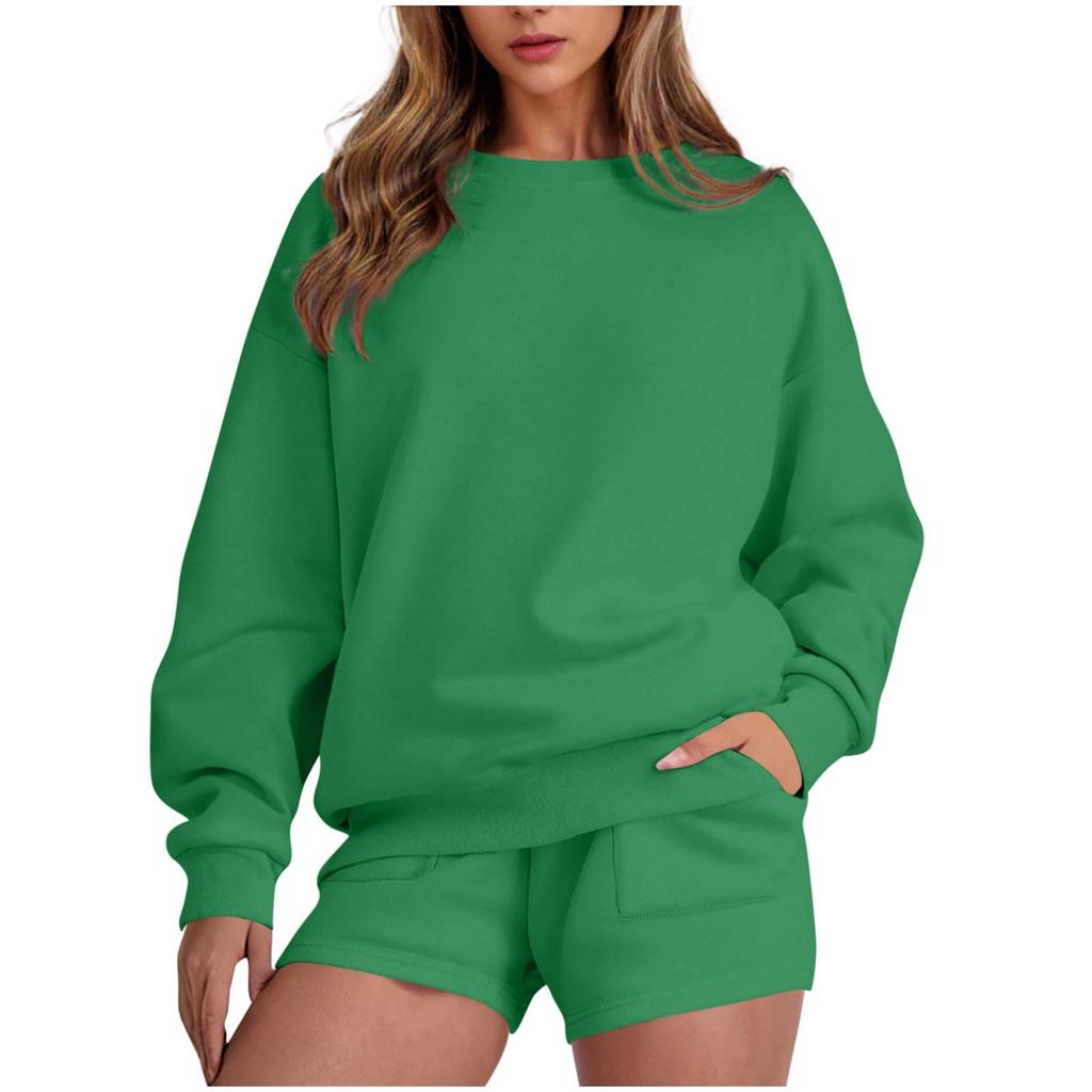 Women's Fashion Sportswear Casual Long-Sleeved Pullover Sweatshirt Drawstring Shorts Set