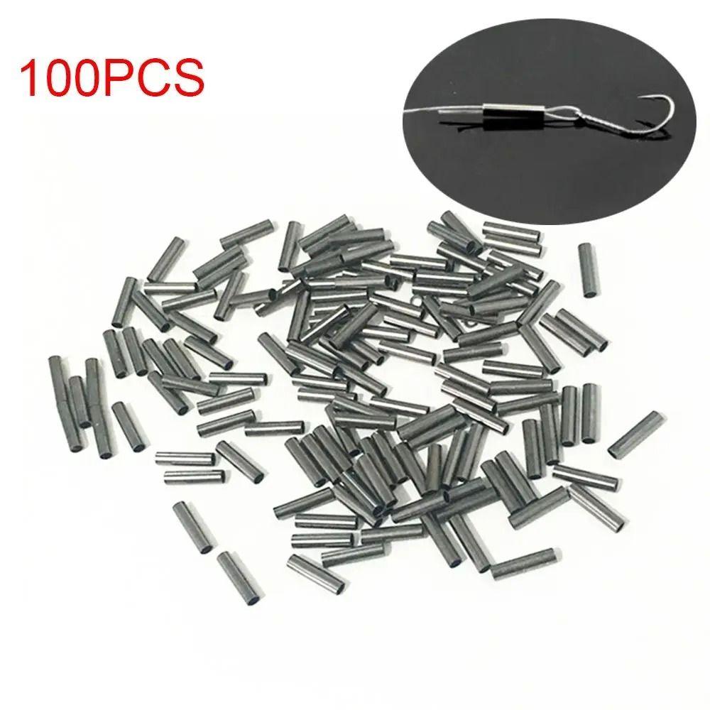 100Pcs Round Fishing Line Tube Connectors Stainless Steel Single Barrel Crimp Sleeves