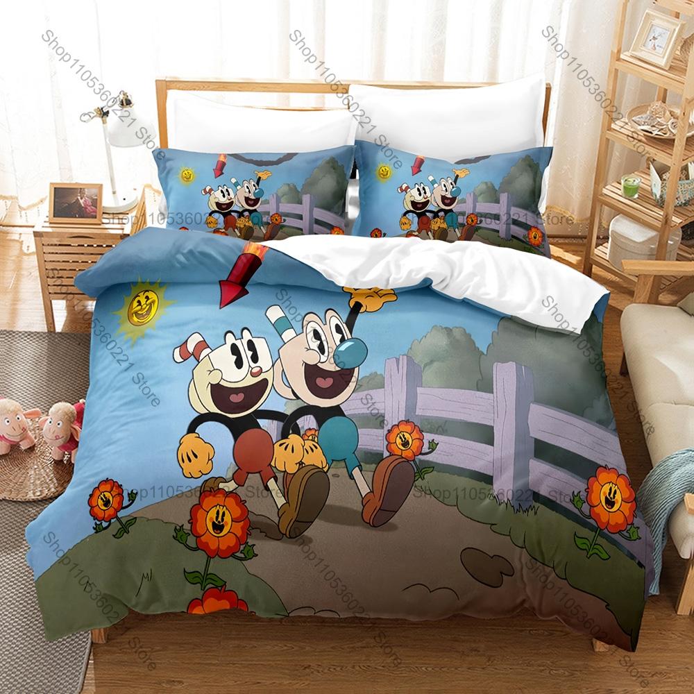 Kawaii Cuphead and Mugman Pattern Bedding Set 3 Piece Duvet Cover with Pillowcase for Kids Adults Bedroom Decor