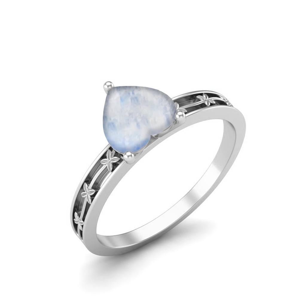 Серебро 925 пробы 0,75 карата Форма Сердца Лунный камень Одиночный Цветок Гравировка на ободке Свадебное Женское Кольцо