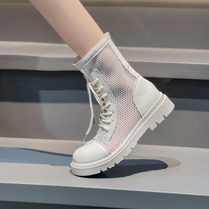 Летние ботинки на шнуровке в сетку, дышащие женские ботинки с высоким каблуком, красные полые ботинки, студенческие сапоги в сетку
