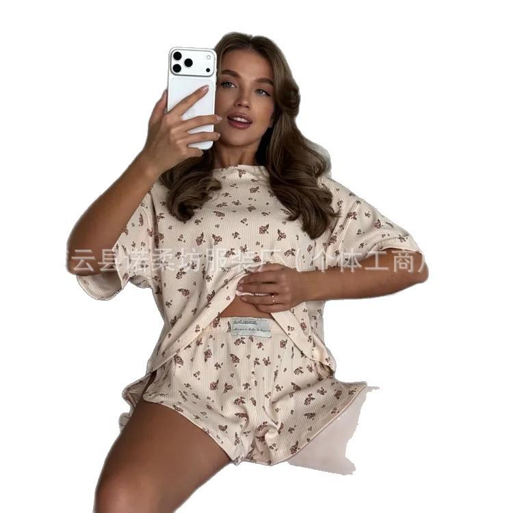 New European and American spring and summer new printed shorts two-piece fashion casual women's pajamas loungewear