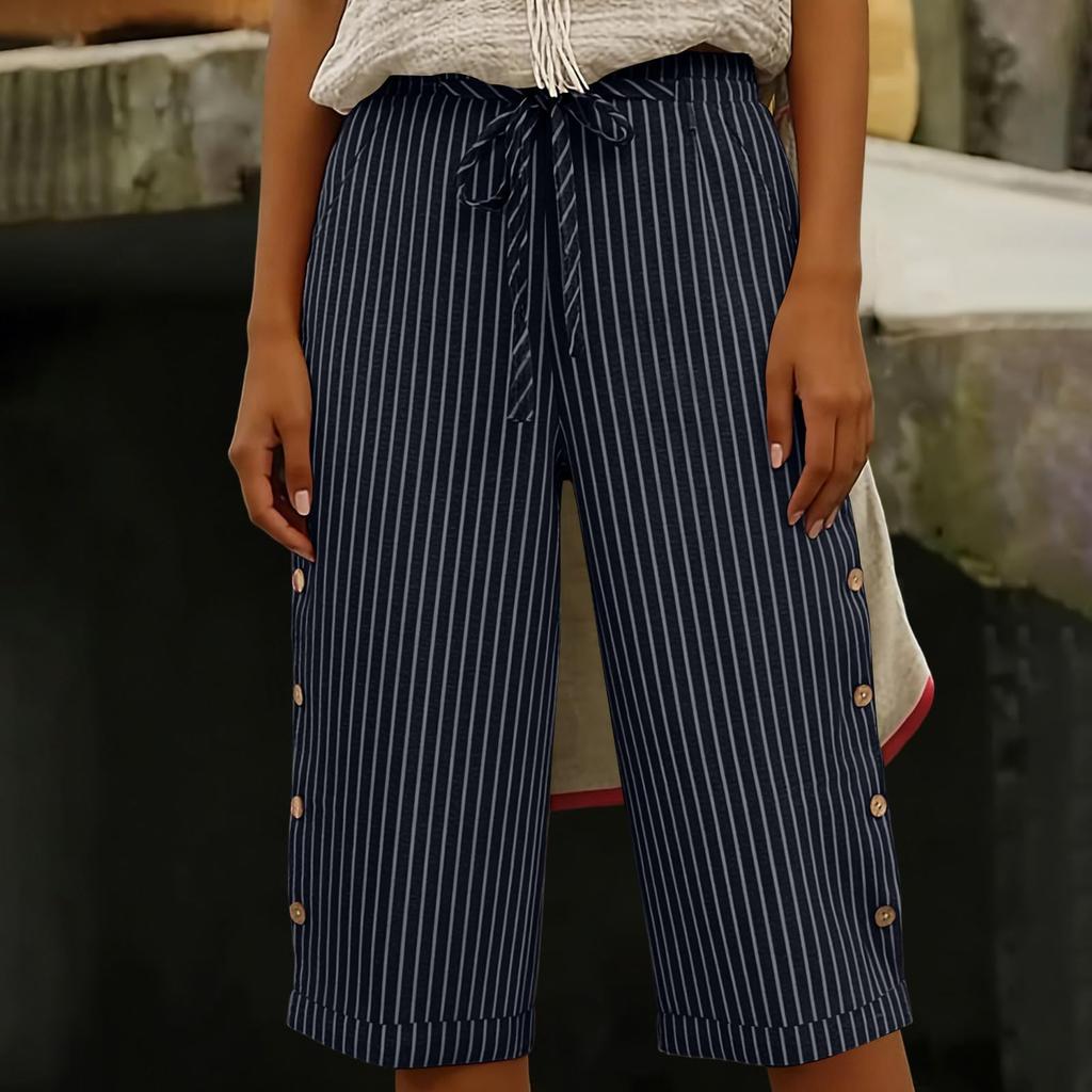 Women's Summer Fashion Striped Elastic Waist Five Quarter Pants Casual Loose Pocket Shorts