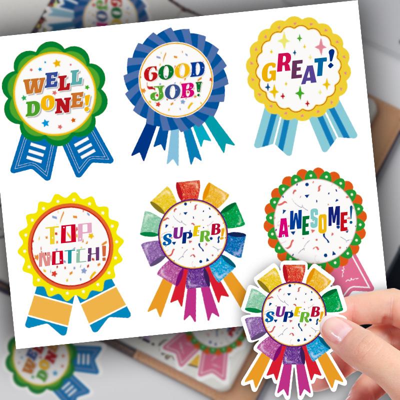 60Pcs10Sheets Excellent Medal Reward Sticker Cartoon Inspirational Label Badge Children Students Encourage Compliment Stickers