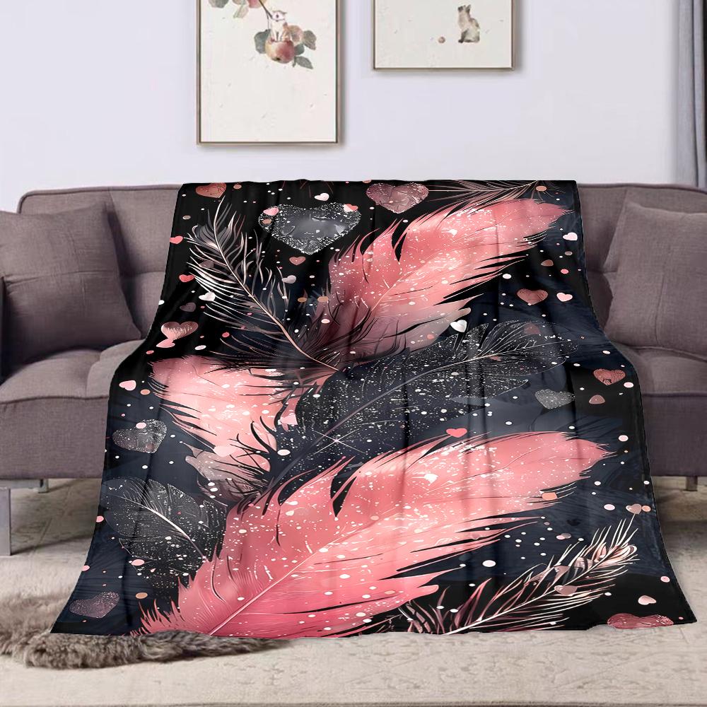 Pink and Black Feathers with Hearts Patterned flannel blanket perfect for the bedroom living room, sofa, or a little nap