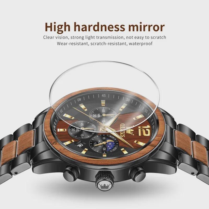 Мужские часы OLEVS Топ Бизнес Кварцевые часы Массив дерева Многофункциональный Хронограф Часы Фаза Луны